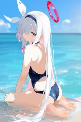 Rule 34 | 1girl, absurdres, alternate costume, back, backless swimsuit, bare shoulders, barefoot, beach, black hairband, blue archive, braid, from behind, fs (sdamsd21321), hair over one eye, hairband, halo, hand on own knee, highres, long hair, looking at viewer, looking back, ocean, plana (blue archive), red halo, red pupils, seiza, single braid, sitting, soles, swimsuit, white hair