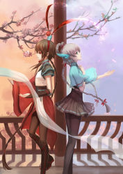 Rule 34 | 2girls, ask (askzy), back-to-back, black hair, boots, braid, cherry blossoms, from side, green eyes, hair ornament, hair rings, long hair, luo tianyi, multiple girls, pantyhose, petals, profile, red eyes, silver hair, twin braids, vocaloid, yuezheng ling