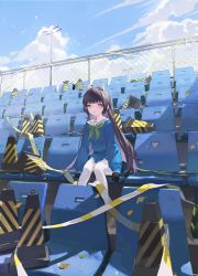 Rule 34 | 1girl, absurdres, black gloves, blue archive, blue shirt, bow, caution tape, chair, cloud, cloudy sky, day, fence, gloves, green bow, headgear, highres, jiojio, long hair, looking to the side, miyu (blue archive), necktie, outdoors, parted lips, purple hair, red eyes, sailor collar, scenery, shirt, sidelocks, sitting, sky, solo, stadium, stadium lights, thighhighs, traffic cone, white sailor collar, white thighhighs