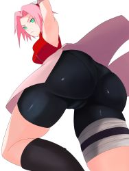 Rule 34 | 1girl, aqua eyes, artist request, ass, bad id, bike shorts, boots, breasts, cameltoe, frown, hairband, hairline, haruno sakura, highres, huge ass, large breasts, looking at viewer, looking down, naruto (series), naruto shippuuden, pantylines, pink hair, shiny clothes, shiny skin, short hair, simple background, skirt, solo, thigh strap, upskirt, white background
