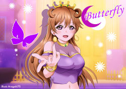 Rule 34 | 1girl, absurdres, aragaki75, artist name, artist request, blush, bracelet, breasts, brown hair, bug, butterfly, butterfly (love live!), choker, cleavage, clothing cutout, collarbone, cropped shirt, crown, detached sleeves, double bun, dress, dress shirt, earrings, female focus, gold bracelet, hair between eyes, hair bun, hair rings, harem outfit, highres, insect, jewelry, konoe kanata, long hair, looking at viewer, love live!, love live! nijigasaki high school idol club, love live! school idol festival, medium breasts, navel, parted lips, puffy short sleeves, puffy sleeves, purple butterfly, purple eyes, purple shirt, reaching, reaching towards viewer, shirt, short sleeves, shorts, shoulder cutout, smile, solo, two side up, upper body, white background, yellow bracelet, yellow choker