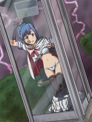 Rule 34 | 10s, 1girl, against glass, black thighhighs, blue hair, blush, book, book stack, booth seating, bra, cape, caught, cheek squash, commentary request, dressing, fingerless gloves, gloves, idol heroes (idolmaster), idolmaster, idolmaster million live!, lielos, looking at viewer, nanao yuriko, navel, open mouth, panties, phone booth, school uniform, serafuku, short hair, skirt, skirt around one leg, solo, standing, standing on one leg, sweatdrop, thighhighs, underwear, yellow eyes