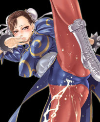 Rule 34 | 1girl, blush, boots, bracelet, breasts, brown eyes, brown hair, bun cover, capcom, china dress, chinese clothes, chun-li, double bun, dress, female ejaculation, female ejaculation through clothes, high kick, jewelry, kicking, large breasts, muscular, pantyhose, peeing, peeing self, pelvic curtain, pierre norano, solo, spiked bracelet, spikes, spread legs, street fighter