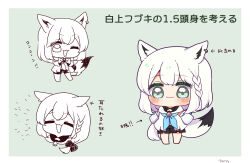 Rule 34 | 0725akaba, 1girl, :d, ;d, animal ears, arrow (symbol), black shorts, blue neckerchief, bow, braid, chibi, closed eyes, closed mouth, double fox shadow puppet, fox ears, fox girl, fox shadow puppet, fox tail, green eyes, grey background, hair bow, highres, hololive, hood, hood down, long sleeves, multiple views, neckerchief, one eye closed, open mouth, shirakami fubuki, shorts, simple background, sleeves past fingers, sleeves past wrists, smile, standing, tail, translation request, virtual youtuber, white hair