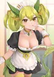 Rule 34 | 1girl, apron, black apron, black dress, breasts, brown eyes, cleavage, dragon girl, dragon horns, dragon tail, dress, duel monster, green hair, green tail, green thighhighs, grey hair, highres, horns, indoors, long hair, maid, maid headdress, medium breasts, meshida (lux-far-accelerator), parlor dragonmaid, solo, tail, thighhighs, twintails, yu-gi-oh!