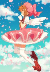 Rule 34 | 1990s (style), 1girl, angel wings, antenna hair, artist name, bad id, bad twitter id, blue sky, blush, bow, brown hair, cardcaptor sakura, cherry blossoms, closed eyes, cloud, day, dress, flying, full body, gloves, hat, highres, holding hands, kinomoto sakura, own hands clasped, own hands together, petals, pink dress, pink hat, profile, puffy sleeves, retro artstyle, shoes, short hair, short sleeves, sky, smile, solo, thighhighs, ume ren, upskirt, white gloves, white thighhighs, wings