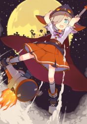 Rule 34 | 1girl, absurdres, blue eyes, brown hair, cape, dutch angle, flying, from below, full moon, goggles, goggles on headwear, hair over one eye, halloween, hat, highres, holding, looking at viewer, moon, open mouth, original, short hair, solo, tekka maki (wafuu-bune), witch, witch hat