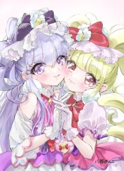 Rule 34 | 2girls, aisaki emiru, blonde hair, blunt bangs, blush, bow, brown eyes, commentary request, cure amour, cure macherie, drill hair, duko, gloves, hair bow, heart pouch, highres, holding hands, hugtto! precure, long hair, magical girl, multiple girls, precure, puffy short sleeves, puffy sleeves, purple eyes, purple hair, ruru amour, short sleeves, smile, twin drills, white background, white gloves