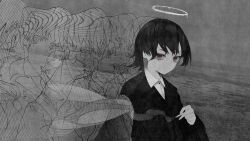 Rule 34 | 1girl, afterimage, arm at side, between fingers, cigarette, closed mouth, collared shirt, daruma karei, dot nose, expressionless, greyscale, halo, highres, holding, holding cigarette, horizon, long bangs, long sleeves, looking at viewer, medium hair, monochrome, multiple views, original, outdoors, red eyes, shirt, sidelocks, silhouette, smoke trail, spot color