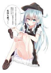 Rule 34 | 10s, 1girl, absurdres, aqua eyes, aqua hair, barefoot, blush, disgust, feet, foot focus, hat, hibiki (kancolle), highres, holding, holding shoes, kantai collection, leg lift, loafers, long hair, looking at viewer, no shoes, oyumaru0, pov, shoes, unworn shoes, sitting, soles, steam, toes, translated