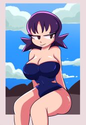 Rule 34 | 1girl, blue sky, breasts, brown eyes, creatures (company), game freak, highres, jewelry, large breasts, looking at viewer, nastygoblinboy, nintendo, one-piece swimsuit, philena ivy, pokemon, pokemon (anime), pokemon (classic anime), purple hair, shiny skin, sitting, sky, solo, swimsuit, wide hips