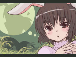 Rule 34 | 1girl, animal ears, brown hair, female focus, hitori osero, inaba tewi, letterboxed, portrait, rabbit ears, red eyes, short hair, silhouette, solo, steepled fingers, thought bubble, toto (hitori othello), touhou