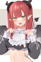 Rule 34 | 1girl, absurdres, auui, black wings, bow, breasts, commentary request, cosplay, demon girl, demon horns, demon tail, demon wings, fangs, frills, grey background, hands up, highres, horns, kitagawa marin, long hair, long sleeves, looking at viewer, medium breasts, navel, open mouth, pointy ears, puffy long sleeves, puffy sleeves, red hair, rizu-kyun, rizu-kyun (cosplay), sidelocks, sleeves past wrists, solo, sono bisque doll wa koi wo suru, tail, two-tone background, upper body, white background, white bow, wings