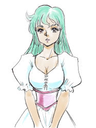 Rule 34 | 1girl, absurdres, aqua hair, breasts, ciela lapana, cleavage, corset, dress, green hair, highres, laces, large breasts, long hair, looking at viewer, medium breasts, purple corset, purple eyes, seisenshi dunbine, short sleeves, simple background, skirt, solo, white background, white dress