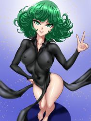 Rule 34 | 1girl, barefoot, black dress, blue background, breasts, collarbone, covered erect nipples, covered navel, curly hair, dress, feet, from above, gradient background, green eyes, green hair, hand on own hip, legs, long sleeves, looking at viewer, matching hair/eyes, medium breasts, narrow waist, one-punch man, short hair, side slit, skin tight, smile, solo, standing, tatsumaki, thelorope, v