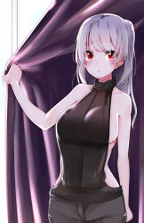Rule 34 | 1girl, :o, backless outfit, black sweater, blush, breasts, cowboy shot, curtains, highres, large breasts, long hair, looking at viewer, original, pants, parted lips, pink eyes, ponytail, sideboob, sidelocks, silver hair, sleeveless, solo, sweater, takara akihito, turtleneck, turtleneck sweater