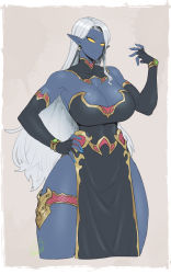 Rule 34 | 1girl, blank eyes, blue nails, blue skin, breasts, cleavage, colored sclera, colored skin, cowboy shot, crescent, crescent earrings, dark elf, earrings, elbow gloves, elf, fingerless gloves, gloves, hand on own hip, highres, jewelry, large breasts, long hair, nail polish, original, pelvic curtain, pointy ears, signature, smile, solo, spacezin, thick thighs, thighs, very long hair, white hair, yellow sclera