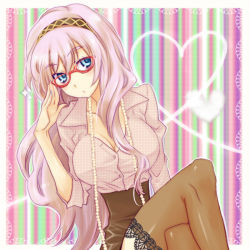 Rule 34 | 1girl, adjusting eyewear, bad id, bad pixiv id, bespectacled, blue eyes, breasts, cleavage, glasses, large breasts, crossed legs, long hair, looking at viewer, megurine luka, mikipa, pink hair, sitting, sleeves rolled up, solo, thighhighs, vocaloid