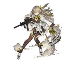 Rule 34 | 1girl, black shirt, breasts, broken instrument, brown hair, brown pantyhose, cleavage, dress, drum, floating hair, footwear request, footwear ribbon, full body, girls&#039; frontline, green eyes, green ribbon, gun, h&amp;k ump, h&amp;k ump, hair between eyes, hair ribbon, holding, holding gun, holding weapon, instrument, large breasts, legs, long hair, long sleeves, looking at viewer, neck ribbon, official alternate costume, official art, pantyhose, ribbon, shirt, simple background, smoke, solo, standing, starshadowmagician, suppressor, thigh strap, torn clothes, torn dress, torn pantyhose, torn shirt, transparent background, trigger discipline, ump40 (girls&#039; frontline), ump40 (the wish-preserving witch of shadows) (girls&#039; frontline), weapon, white dress, white footwear, yellow ribbon