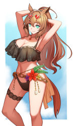 Rule 34 | 1girl, animal ears, armpits, arms up, bikini, black bikini, blue eyes, blue sky, breasts, brown hair, chain, cleavage, closed mouth, cloud, cloudy sky, commentary, eyelashes, eyewear on head, feet out of frame, flower, frilled bikini, frills, hair between eyes, half updo, hands in hair, heart, heart-shaped eyewear, horse ears, horse girl, horse tail, jewelry, jonylaser, large breasts, long hair, looking at viewer, maruzensky (blasting off summer night) (umamusume), maruzensky (umamusume), navel, necklace, pendant, ponytail, red-tinted eyewear, sky, smile, solo, standing, stomach, swimsuit, tail, tassel, thigh strap, thighs, tinted eyewear, umamusume