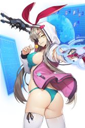 Rule 34 | 1girl, animal ears, animal hood, ass, bikini, blonde hair, blue bikini, breasts, candy, dr. oz (soccer spirits), drone, eyepatch, food, from behind, grin, holographic monitor, hood, jacket, lollipop, long hair, looking at viewer, medium breasts, official art, paw print, rabbit ears, shiny clothes, shiny skin, smile, soccer spirits, swimsuit, thighhighs, thong, transparent background, vakasatang, very long hair, yellow eyes