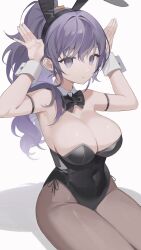 Rule 34 | 1girl, absurdres, animal ears, arm strap, armpits, asahina mafuyu, bare shoulders, black bow, black bowtie, black hairband, black leotard, bow, bowtie, breasts, brown pantyhose, cleavage, collar, covered navel, cowboy shot, curly hair, detached collar, expressionless, eyelashes, fake animal ears, hair between eyes, hairband, hands up, high ponytail, highres, large breasts, legs together, leotard, long hair, looking at viewer, lvemhrd, pantyhose, parted lips, playboy bunny, ponytail, project sekai, purple eyes, purple hair, rabbit ears, rabbit pose, shadow, sitting, skindentation, solo, white background, white collar, white wrist cuffs, wrist cuffs