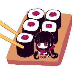 Rule 34 | 1girl, ankle boots, black hair, blunt bangs, blush stickers, boots, brown footwear, chibi, chopsticks, closed mouth, commentary, danganronpa (series), danganronpa v3: killing harmony, english commentary, food, hair ornament, hairclip, harukawa maki, highres, long hair, long sleeves, low twintails, mini person, minigirl, missarilicious, mole, mole under eye, pout, pun, red eyes, red legwear, simple background, sitting, solo, sushi, twintails, white background