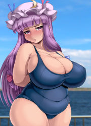 Rule 34 | 1girl, arms behind back, astraea13, breasts, cleavage, curvy, fat, female focus, hat, huge breasts, impossible clothes, impossible swimsuit, long hair, one-piece swimsuit, patchouli knowledge, plump, purple hair, school swimsuit, solo, swimsuit, touhou
