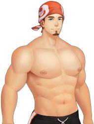 Rule 34 | 1boy, abs, artist request, bandana, bara, billy (gyee), black pants, blue eyes, brown hair, bulge, cowboy shot, facial hair, goatee, gyee, large pectorals, male focus, muscular, muscular male, navel, nipples, official alternate costume, official art, pants, pectorals, short hair, smile, solo, stomach, topless male, transparent background