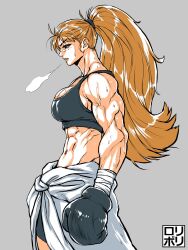 Rule 34 | 1girl, abs, absurdres, bandage on face, bandages, boxing gloves, breath, clothes around waist, highres, jamrolypoly, long hair, looking to the side, muscular, muscular female, orange hair, original, ponytail, solo, sweat, tank top