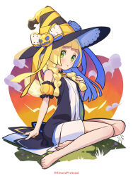 Rule 34 | 1girl, alternate costume, arm support, barefoot, black coat, blonde hair, blunt bangs, blush, braid, coat, commentary request, creatures (company), dress, eyelashes, full body, game freak, green eyes, halloween, halloween costume, hand up, hat, hat ornament, hat ribbon, highres, kinocopro, legs, lillie (pokemon), long hair, nintendo, open clothes, open coat, pokemon, pokemon sm, ribbon, sitting, sleeveless, sleeveless coat, solo, toes, twin braids, twitter username, white dress, witch hat, yellow ribbon
