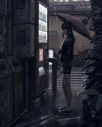 Rule 34 | 1girl, animal, bicycle, black cat, black hair, black jacket, black shorts, brown umbrella, cat, commentary, crosswalk, day, guweiz, highres, holding, holding umbrella, jacket, long hair, long sleeves, looking away, looking down, looking to the side, original, outdoors, plant, ponytail, rain, short shorts, shorts, sidelocks, solo, standing, symbol-only commentary, trash can, umbrella, vending machine