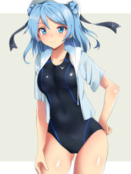 Rule 34 | 1girl, black one-piece swimsuit, blue eyes, blue hair, blue jacket, breasts, collarbone, competition swimsuit, cowboy shot, double bun, eyebrows, grey background, hair bun, hand on leg, hand on own hip, hat, highres, hood, hooded jacket, jacket, kantai collection, looking at viewer, medium breasts, medium hair, one-piece swimsuit, sailor hat, sebunsu, short sleeves, solo, standing, swimsuit, swimsuit under clothes, urakaze (kancolle), white background, white hat