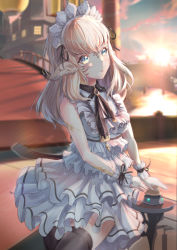 Rule 34 | 1girl, absurdres, au ra, bell, black neckwear, black thighhighs, blonde hair, blue eyes, blush, breasts, bridge, building, closed mouth, dress, final fantasy, final fantasy xiv, frilled dress, frills, headdress, highres, horns, icefurs, long hair, medium breasts, necktie, outdoors, scales, sleeveless, sunset, thighhighs, warrior of light (ff14), white dress, wrist cuffs