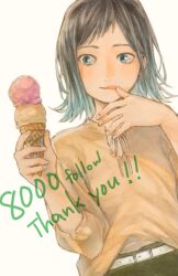 Rule 34 | !, !!, belt, black hair, blue eyes, blue hair, brown hair, casual, english text, fingernails, food, gradient hair, hand to own mouth, highres, holding, holding food, holding ice cream, ice cream, ice cream cone, looking at food, matsunoha, milestone celebration, multicolored hair, original, ribbon, shirt, simple background, sleeves past elbows, solo, thank you, tongue, tongue out, traditional media, white background, white belt, yellow ribbon, yellow shirt