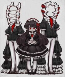 Rule 34 | 1girl, 2others, black bow, black dress, black footwear, black hair, black shirt, blue-ringed octopus, bow, dress, expressionless, frilled dress, frilled sleeves, frills, full body, gestart333, goth fashion, gothic lolita, hair bow, highres, holding, holding stuffed toy, horror (theme), lolita fashion, long hair, long legs, looking at viewer, maid headdress, monster, multiple hair bows, multiple others, no nose, original, own hands together, pants, pantyhose, pleated dress, red bow, red eyes, ringed eyes, shirt, shoes, simple background, stuffed animal, stuffed rabbit, stuffed toy, very long sleeves, white background, white pants, white pantyhose