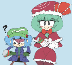 Rule 34 | 2girls, ?, @ @, alternate costume, blue background, blue hair, blunt bangs, bow, capelet, closed mouth, commentary, front ponytail, fur trim, gloves, green hair, hair bobbles, hair bow, hair ornament, highres, kagiyama hina, kawashiro nitori, kevin arthur, multiple girls, red bow, red capelet, red headwear, simple background, touhou, two side up