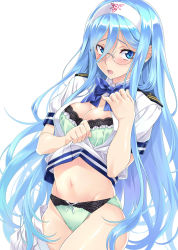 Rule 34 | 10s, 1girl, aoki hagane no arpeggio, aqua eyes, aqua hair, bespectacled, bow, bow panties, bra, breasts, cleavage, clothes lift, clothes pull, crotch seam, frilled bra, frills, glasses, green bra, green panties, hair between eyes, hairband, hand on own chest, highres, jpeg artifacts, lifted by self, long hair, mole, mole under mouth, nagayori, open clothes, open mouth, open shirt, panties, shirt, shirt lift, simple background, skirt, skirt pull, solo, takao (aoki hagane no arpeggio), underwear, very long hair, white background
