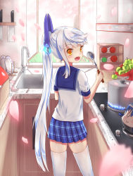 Rule 34 | 1girl, alternate costume, alternate hairstyle, cooking, fang, hair ornament, highres, holding, ji dao ji, kitchen, kitchen knife, le fantasque (warship girls r), looking at viewer, open mouth, petals, ponytail, school uniform, silver hair, thighhighs, tree, warship girls r, window, yellow eyes