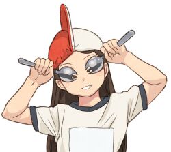 Rule 34 | 1girl, brown hair, commentary request, covering own eyes, hat, holding, holding spork, long hair, multicolored clothes, multicolored hat, nagatsuki misoka, original, shirt, smile, solo, spork, t-shirt
