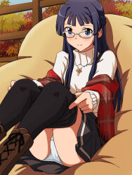 Rule 34 | 1girl, bean bag chair, black hair, black pantyhose, black skirt, blue eyes, blush, boots, brown footwear, closed mouth, clothes pull, commentary, cross-laced footwear, fringe trim, frown, glasses, grey-framed eyewear, idolmaster, idolmaster million live!, jewelry, lace-up boots, lielos, long hair, looking at viewer, miniskirt, mogami shizuka, necklace, pantyhose, pantyhose pull, pleated skirt, red shawl, shawl, single horizontal stripe, sitting, skirt, solo, sweater, turtleneck, turtleneck sweater, white sweater