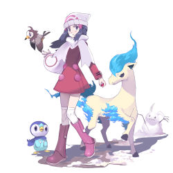 Rule 34 | 1girl, absurdres, alternate color, bag, beanie, blush, boots, coat, commentary, creatures (company), dawn (pokemon), duffel bag, eyelashes, floating hair, game freak, gen 1 pokemon, gen 4 pokemon, grey eyes, grey hair, hair ornament, hairclip, hat, highres, hiro (user negm3832), holding, holding poke ball, long hair, long sleeves, nintendo, over-kneehighs, parted lips, piplup, poke ball, poke ball (basic), pokemon, pokemon (creature), pokemon dppt, pokemon platinum, ponyta, red coat, scarf, shiny pokemon, standing, starly, thighhighs, white bag, white headwear, white scarf, white thighhighs