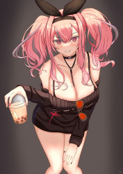Rule 34 | 1girl, absurdres, azur lane, bare shoulders, between breasts, black background, black choker, black nails, black ribbon, black sweater, blush, bra strap, breasts, bremerton (azur lane), bremerton (day-off date) (azur lane), bubble tea, choker, cleavage, collarbone, commentary, cowboy shot, cup, disposable cup, dress, elina (eri15), eyewear hang, unworn eyewear, grey hair, grin, hair between eyes, hair intakes, hair ornament, hair ribbon, hand on own thigh, highres, holding, holding cup, knees together feet apart, large breasts, leaning forward, long hair, long sleeves, looking at viewer, mole, mole on breast, mole under eye, multicolored hair, multicolored nails, nail polish, no jacket, off-shoulder dress, off-shoulder sweater, off shoulder, official alternate costume, pink eyes, pink hair, red-tinted eyewear, ribbon, sidelocks, simple background, smile, solo, standing, star (symbol), star print, strap between breasts, streaked hair, sweater, sweater dress, teeth, tinted eyewear, twintails, two-tone hair