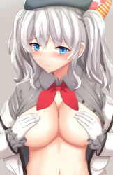 Rule 34 | 10s, 1girl, blue eyes, blush, breasts, covering nipples, covering privates, female focus, gloves, hat, highres, homewrecker, jacket, kantai collection, kashima (kancolle), large breasts, looking at viewer, open clothes, open jacket, open shirt, revision, shirt, silver hair, solo, twintails, white gloves