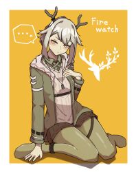 Rule 34 | ..., 1girl, antlers, arknights, black skirt, blush, character name, commentary request, dog tags, firewatch (arknights), green jacket, green pantyhose, grey hair, hair between eyes, highres, horns, jacket, long hair, looking at viewer, muniru 626, no shoes, pantyhose, pleated skirt, ponytail, sidelocks, sitting, skirt, solo, spoken ellipsis, wariza, yellow background, yellow eyes