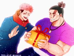 Rule 34 | 2boys, black hair, couple, feet out of frame, gift, highres, holding, holding gift, itadori yuuji, jewelry, jujutsu kaisen, laughing, looking at another, male focus, multiple boys, muscular, muscular male, necklace, p nuts ms, scar, scar across eye, shirt, short hair, sideburns, smile, t-shirt, toudou aoi (jujutsu kaisen), undercut, yaoi