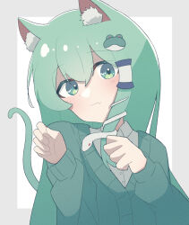 Rule 34 | 1girl, absurdres, alternate costume, alternate eye color, animal ear fluff, animal ears, animal hands, bitterblood44, border, cat ears, cat girl, cat tail, closed mouth, collared shirt, commentary request, fang, frog hair ornament, green eyes, green hair, green sweater, grey border, hair between eyes, hair ornament, highres, kemonomimi mode, kochiya sanae, light smile, long hair, long sleeves, looking at viewer, outside border, shirt, simple background, single hair tube, single sidelock, skin fang, snake hair ornament, solo, sweater, tail, touhou, upper body, white background, white shirt