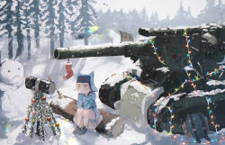 Rule 34 | 1girl, ankodesoy, ash arms, b-4 (ash arms), belt, blonde hair, blue eyes, christmas tree, forest, gloves, hammer, highres, log, military, military vehicle, motor vehicle, name connection, nature, pine tree, short hair, sitting, snowing, snowman, solo, tank, tree, turret, winter clothes
