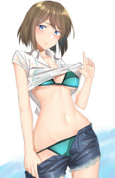Rule 34 | 1girl, bad id, bad pixiv id, bare arms, bikini, bikini under clothes, blue bikini, blue eyes, blush, breasts, brown hair, cleavage, clothes lift, clothes pull, collarbone, collared shirt, commentary request, cowboy shot, cutoffs, denim, denim shorts, groin, hair ornament, hand up, highres, kantai collection, lifted by self, looking at viewer, maya (kancolle), medium breasts, navel, open fly, pallad, parted lips, shirt, shirt lift, short hair, short shorts, short sleeves, shorts, shorts pull, solo, standing, stomach, swimsuit, white background, white shirt, x hair ornament