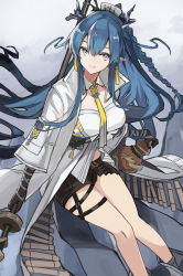Rule 34 | 1girl, arknights, arm tattoo, arm wrap, black footwear, black shorts, black skin, blue eyes, blue hair, boots, breasts, collared jacket, colored skin, dragon girl, dragon horns, earrings, feet out of frame, grey background, grey hair, highres, holding gourd, horns, jacket, jewelry, ling (arknights), long sleeves, looking at viewer, medium breasts, multicolored hair, necktie, parted lips, pointy ears, shiduki eku, shirt, short shorts, shorts, simple background, smile, solo, streaked hair, tassel, tassel earrings, tattoo, thigh strap, white jacket, white shirt, yellow necktie